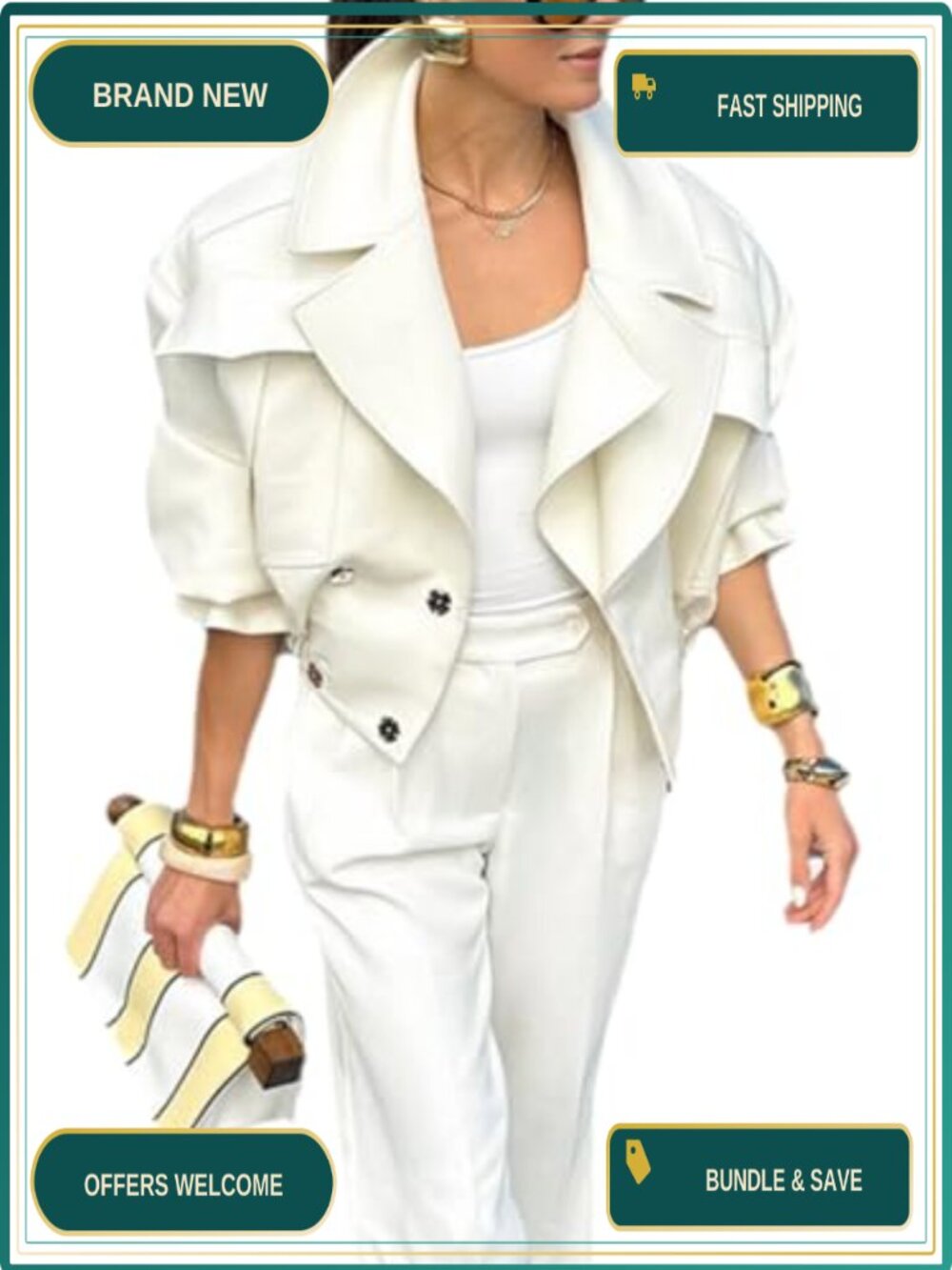 Cropped Trench Coat Women Long Sleeve Lapel Button Jacket Casual
